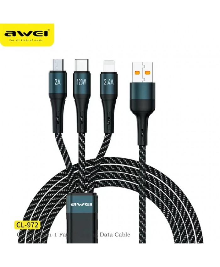 Awei CL-972 3 In 1Fast Charging Cable 120W Multi Usb Port Charging Cord USB Type C Micro Data Cable